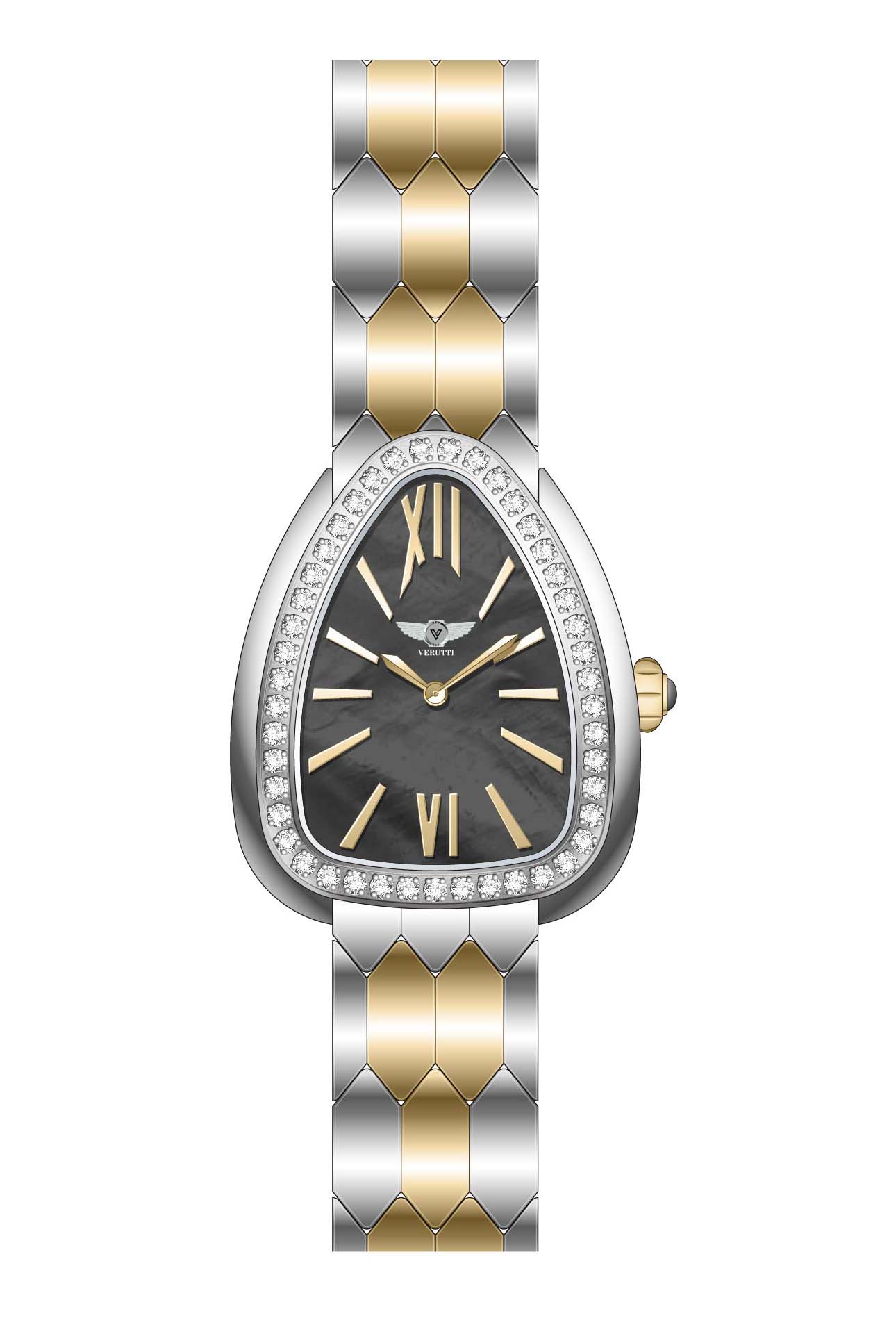 Women’s Luxury Watch Verutti VR-1037-2 – Silver & Gold Bracelet, Black Dial